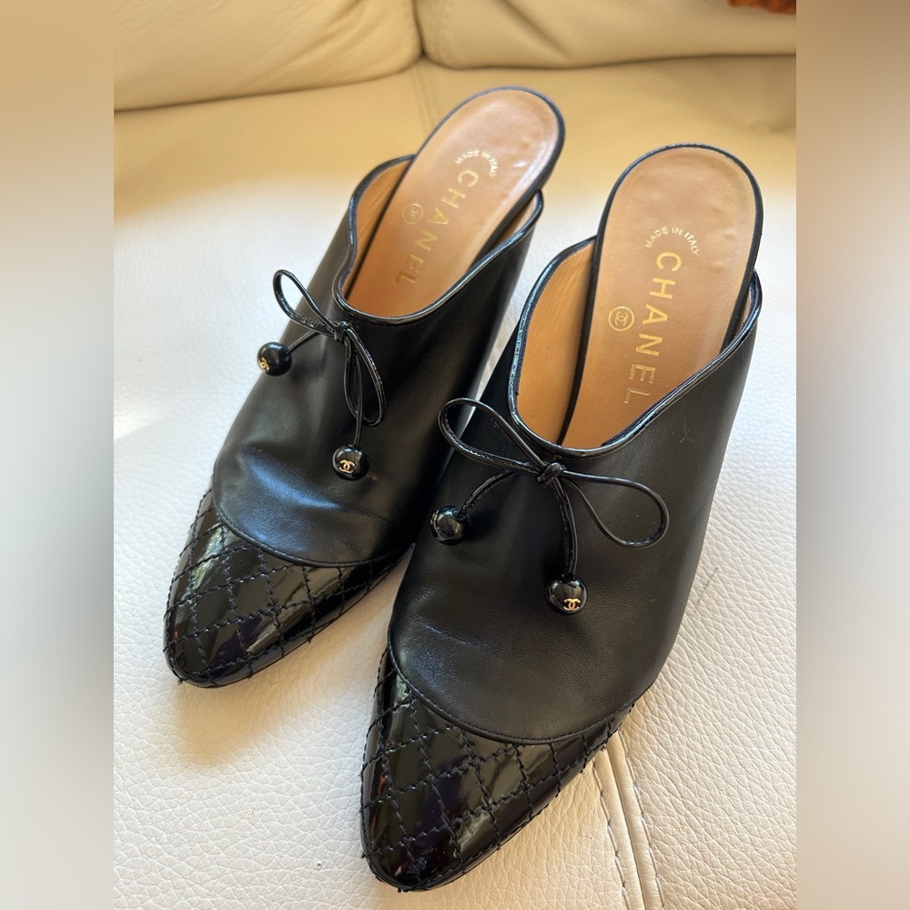 Chanel black leather with patent toe and trim mules
